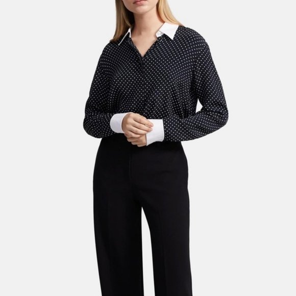 NWT Theory Contrast Straight Shirt in Polka Dot Crepe - Picture 2 of 7